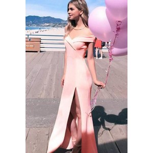 Pink Off Shoulder High Slit Maxi Party Dress