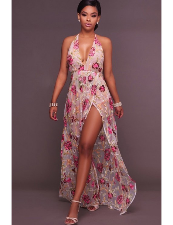 Light Pink V Neck Floral Embroidered Backless Convertible Maxi Dress