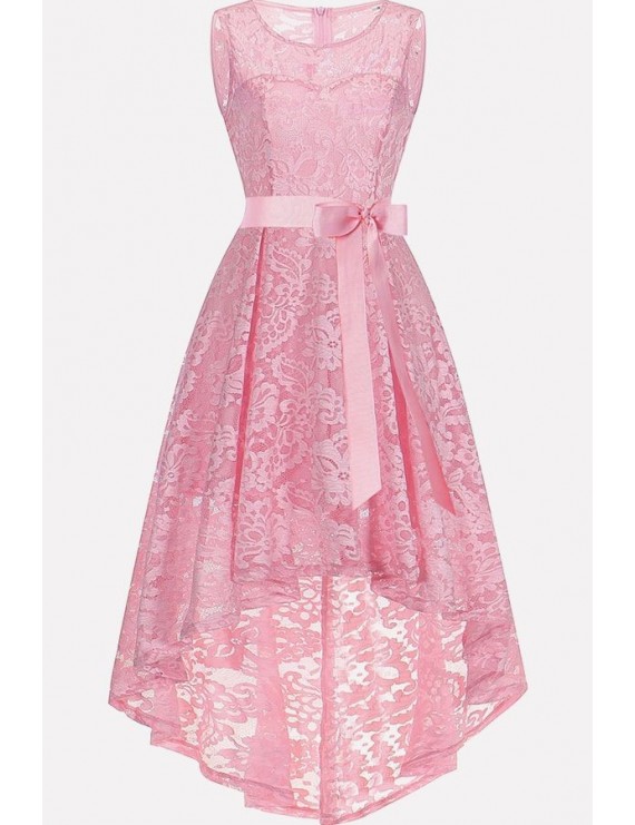 Pink Sleeveless Tied Chic High Low Party Lace Dress