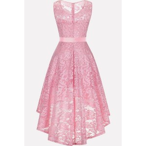 Pink Sleeveless Tied Chic High Low Party Lace Dress