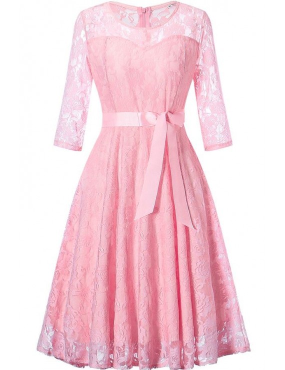 Pink Lace Sheer Round Neck Zipper Bow Beautiful A Line Dress