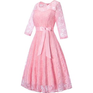 Pink Lace Sheer Round Neck Zipper Bow Beautiful A Line Dress