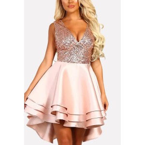 Pink Sequin Splicing Plunging Layered Beautiful A Line Dress