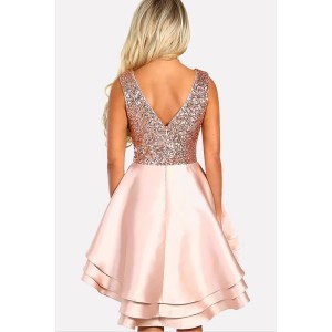 Pink Sequin Splicing Plunging Layered Beautiful A Line Dress