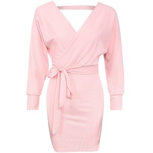 Pink Wrap V Neck Ribbed Long Sleeve Casual Dress