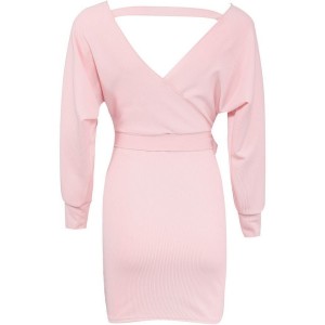 Pink Wrap V Neck Ribbed Long Sleeve Casual Dress