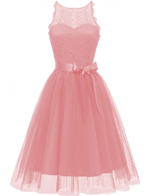 Pink Lace Tied Sleeveless Tulle Retro A Line Dress