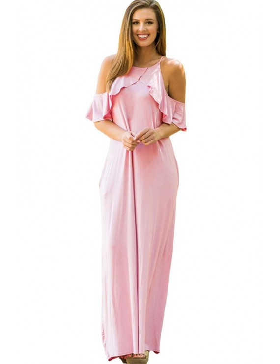Light Pink Cold Shoulder Ruffled Pocket Decor Casual Maxi Slip Dress