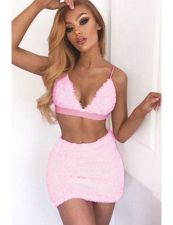 Pink Faux Fur Spaghetti Straps Backless Beautiful Two Piece Dress