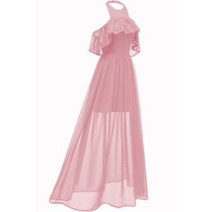 Pink Lace Halter Beautiful Maxi Chiffon Dress