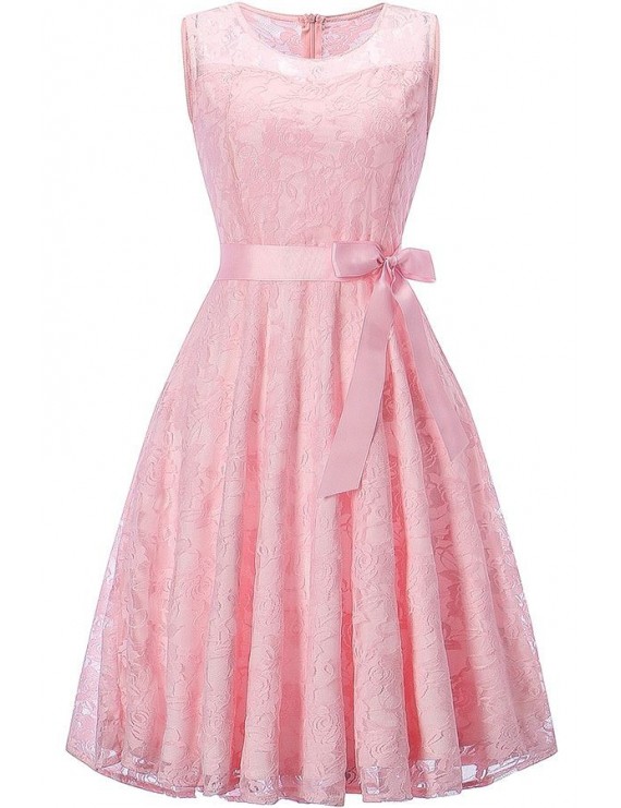 Pink Round Neck Sleeveless Zipper Back Lace Sheer Beautiful A Line Dress