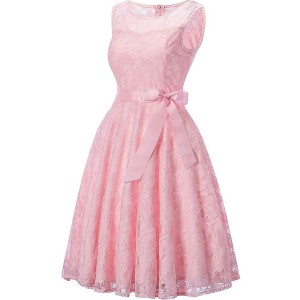 Pink Round Neck Sleeveless Zipper Back Lace Sheer Beautiful A Line Dress
