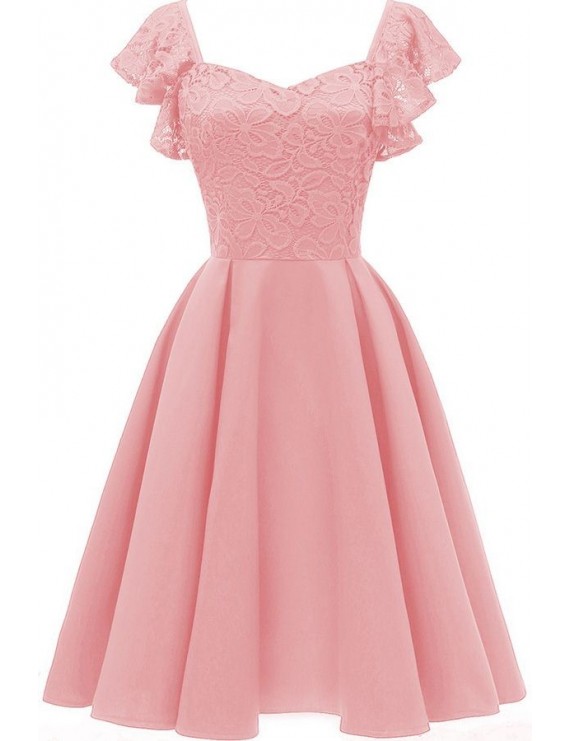 Pink V Neck Lace Sleeveless Retro A Line Dress