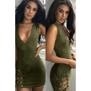 V Neck Side Lace Up Sleeveless Bodycon Suede Dress