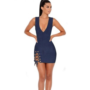 V Neck Side Lace Up Sleeveless Bodycon Suede Dress