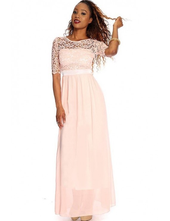 Light Pink Lace Overlay Chiffon Maxi Dress