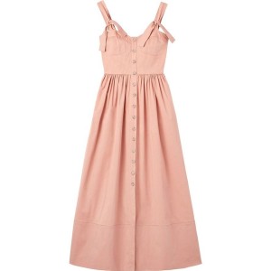 Pink Bow Knotted Buttons Up Backless Shirred Beautiful A Line Dress