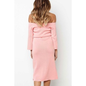 Pink Off Shoulder Tied Slit Sleeve Casual Dress