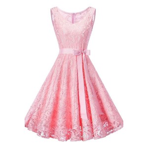 Pink V Neck Zipper Back Sleeveless Lace Sheer Bow Beautiful A Line Dress