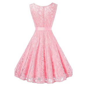 Pink V Neck Zipper Back Sleeveless Lace Sheer Bow Beautiful A Line Dress