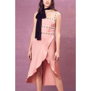 Pink Square Neck Wrap Beautiful High Low Dress