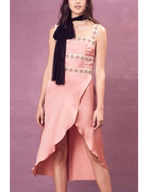 Pink Square Neck Wrap Beautiful High Low Dress
