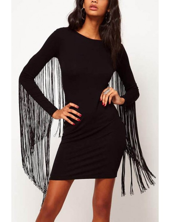 Black Tassel Long Sleeves Party Dress