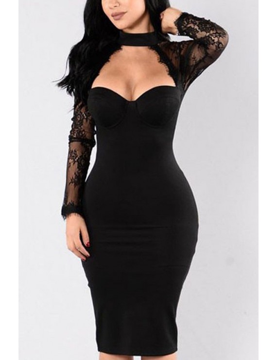 Black Floral Lace Long Sleeve Cutout Halter Beautiful Bodycon Dress