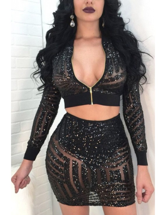Black Sparkle Sequined Zipper Up See Through Beautiful Bodycon Two Piece Club Dress