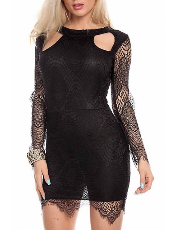 Black Lace Long Sleeve Cutout Beautiful Party Dress