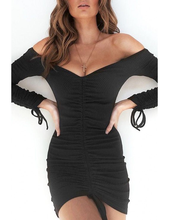 Black Ribbed Off Shoulder Ruched Long Sleeve Beautiful Bodycon Dress