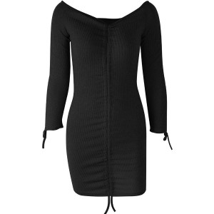 Black Ribbed Off Shoulder Ruched Long Sleeve Beautiful Bodycon Dress