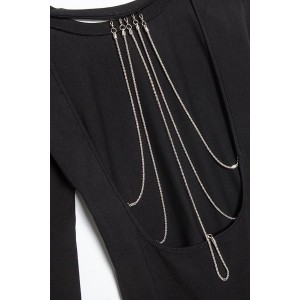 Black Long Sleeve Chains Decor Open Back Beautiful Bodycon Dress