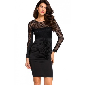 Black Hollow Lace V Back Ruched Long Sleeve Beautiful Bodycon Party Dress