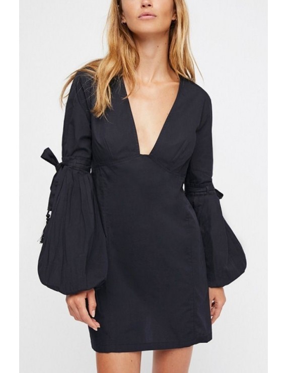 Black Plunging V Neck Tied Puff Sleeve Buttoned Beautiful Dress