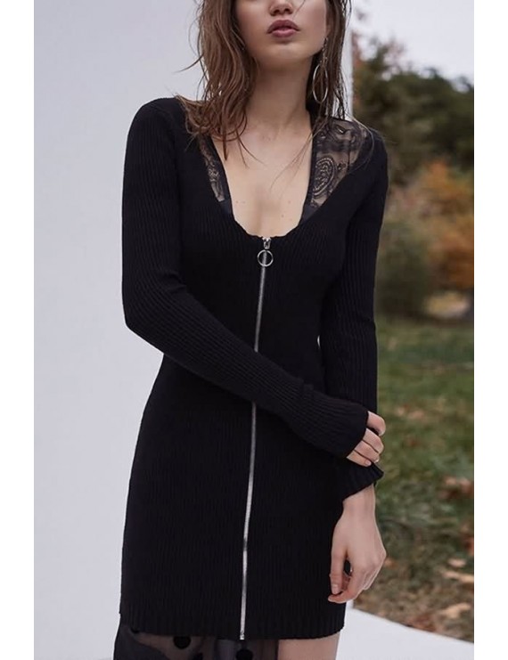 Black Ribbed Zipper Up Long Sleeve Beautiful Bodycon Dress
