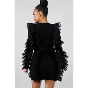 Black Floral Crochet Ruffles Beautiful Bodycon Lace Dress