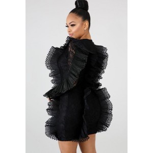 Black Floral Crochet Ruffles Beautiful Bodycon Lace Dress