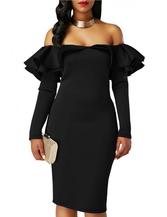 Black Off Shoulder Layered Ruffled Long Sleeve Bodycon Party Dress