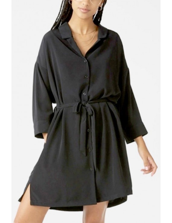 Black Notched Collar Tied Long Sleeve Casual Shirt Dress