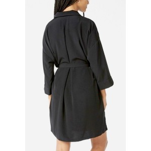 Black Notched Collar Tied Long Sleeve Casual Shirt Dress