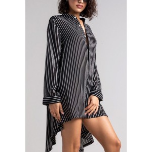 Black Long Sleeve Asymmetric Stripe Beautiful Shirt Dress