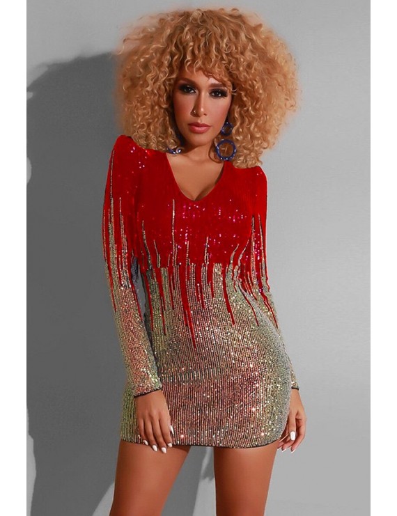 Red Sequin V Neck Long Sleeve Beautiful Mini Bodycon Dress