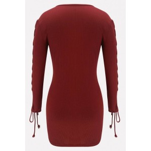 Dark-red Lace Up Long Sleeve Beautiful Bodycon Sweater Dress
