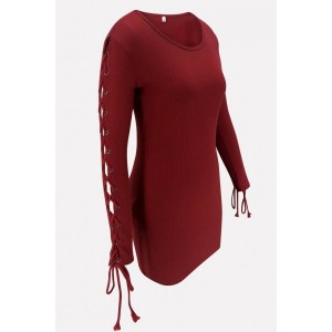 Dark-red Lace Up Long Sleeve Beautiful Bodycon Sweater Dress
