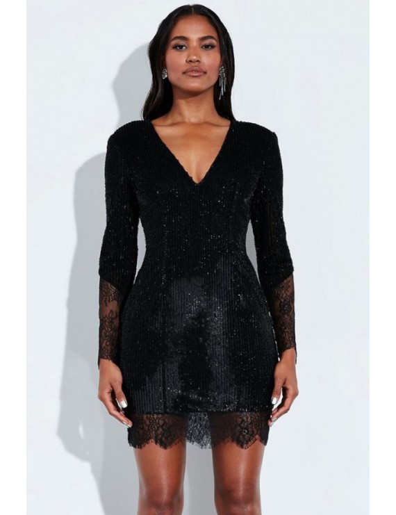 Black Sequin Splicing V Neck Long Sleeve Beautiful Bodycon Mini Dress