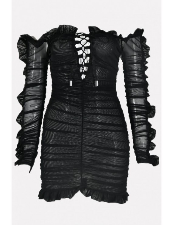 Black Ruffles Trim Lace Up Off Shoulder Beautiful Bodycon Mini Dress