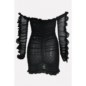 Black Ruffles Trim Lace Up Off Shoulder Beautiful Bodycon Mini Dress