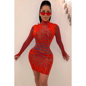 Red Printed High Neck Long Sleeve Beautiful Bodycon Dress