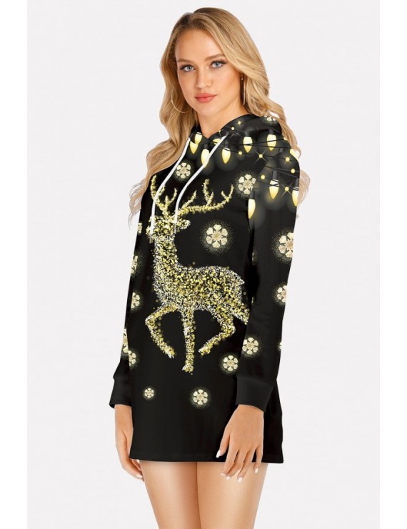 Black Elk Print Hooded Long Sleeve Christmas Dress